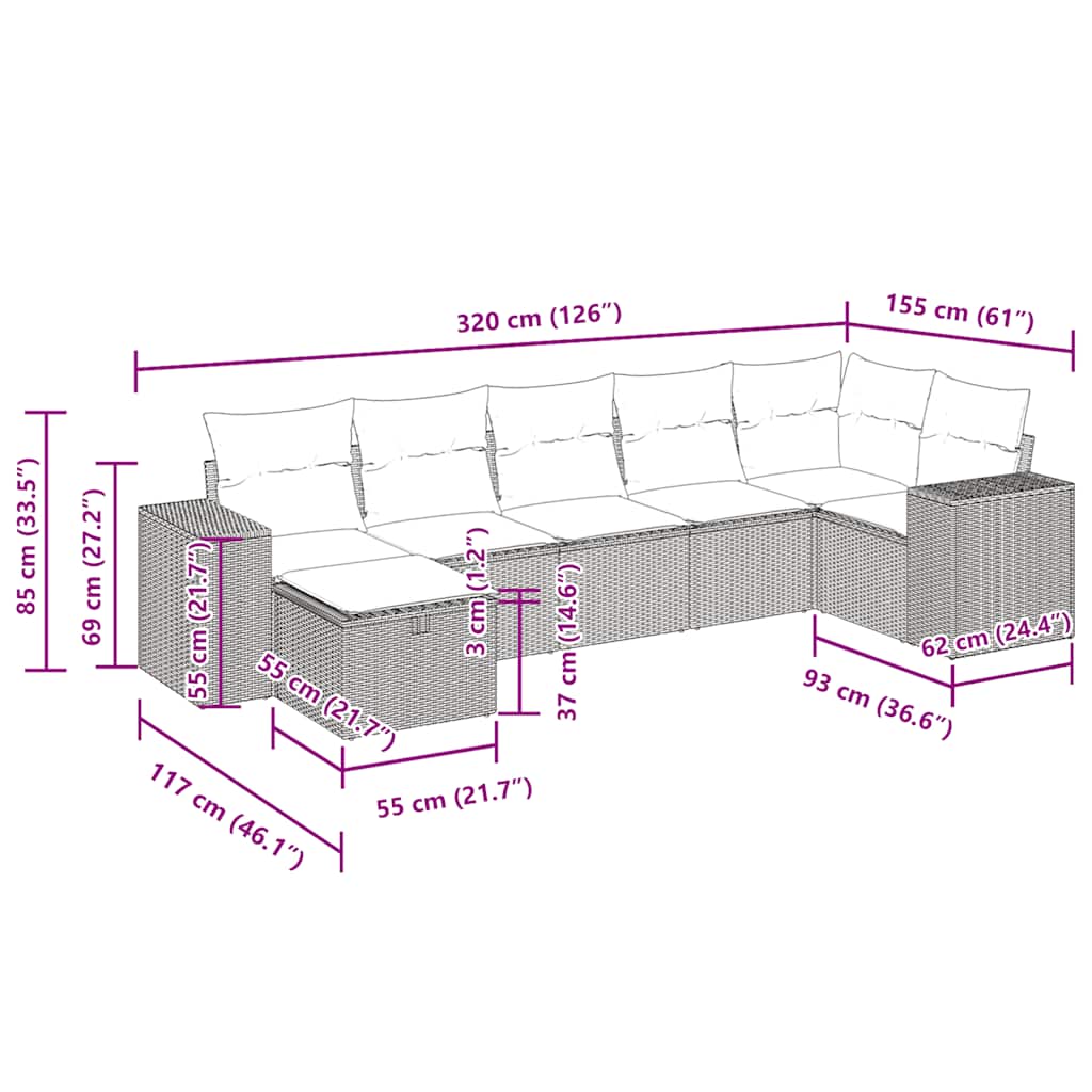 Set Divani da Giardino 7 pz con Cuscini Grigio in Polyrattan