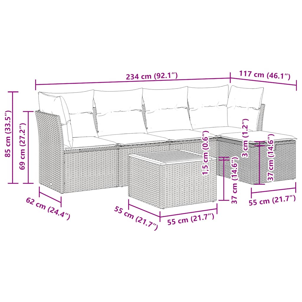 Set Divano da Giardino 6 pz con Cuscini Nero in Polyrattan