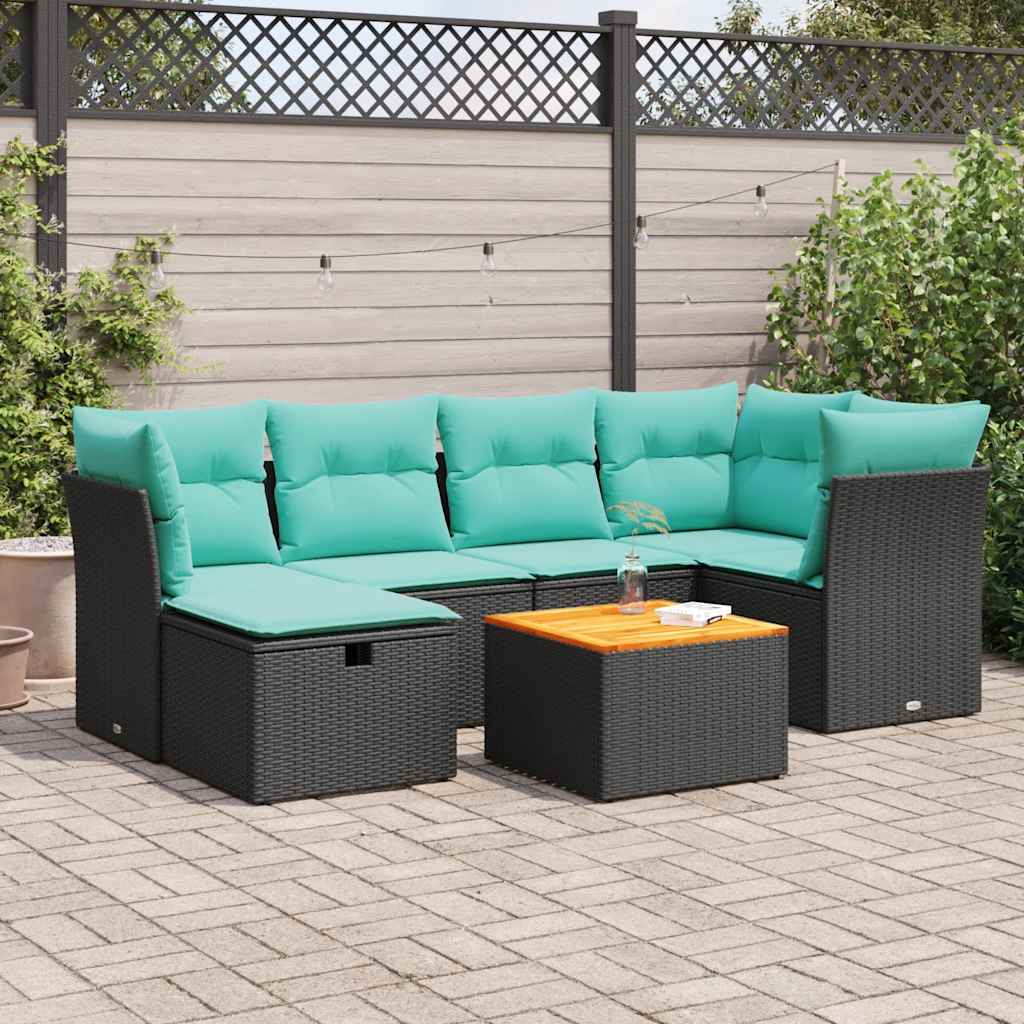 Set Divani da Giardino con Cuscini 7pz Nero Polyrattan