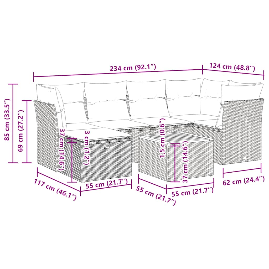 Set Divani da Giardino 7 pz con Cuscini Grigio in Polyrattan