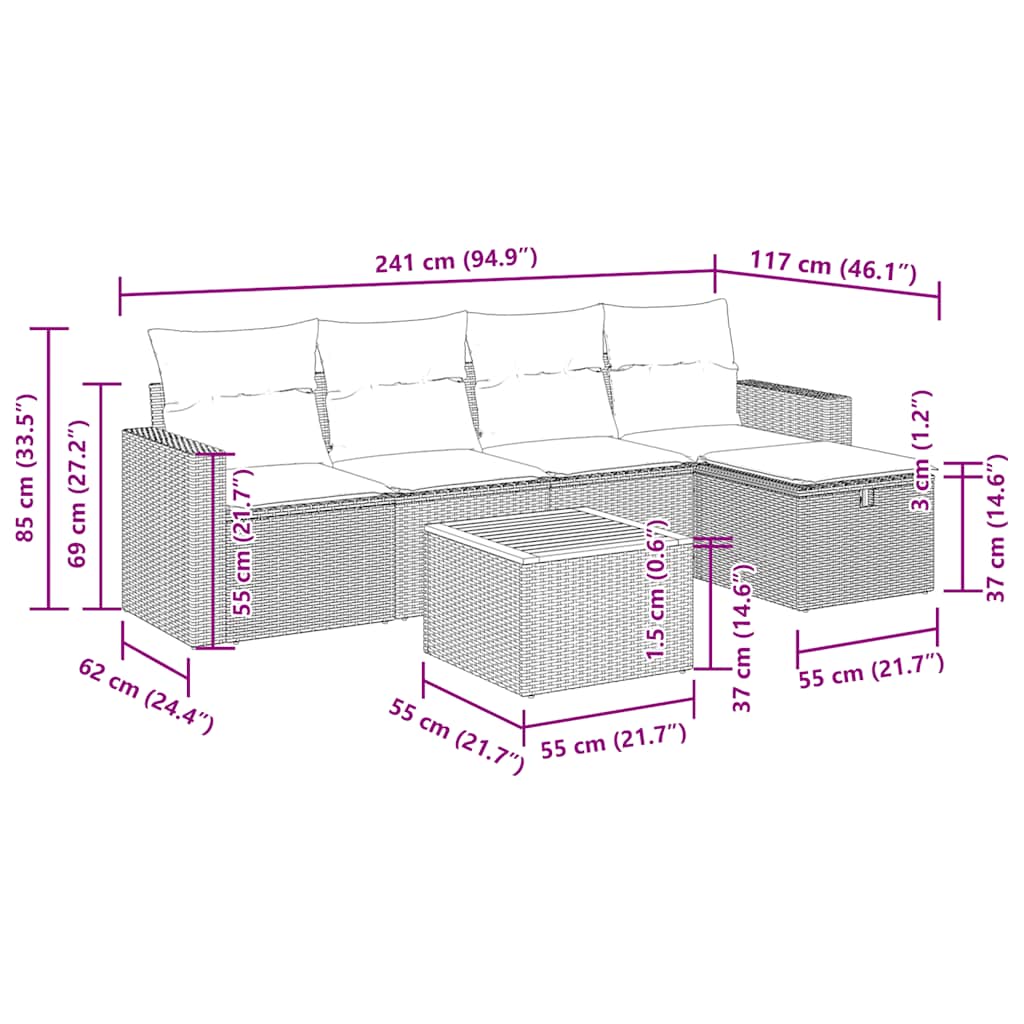 Set Divano da Giardino 6 pz con Cuscini Nero in Polyrattan