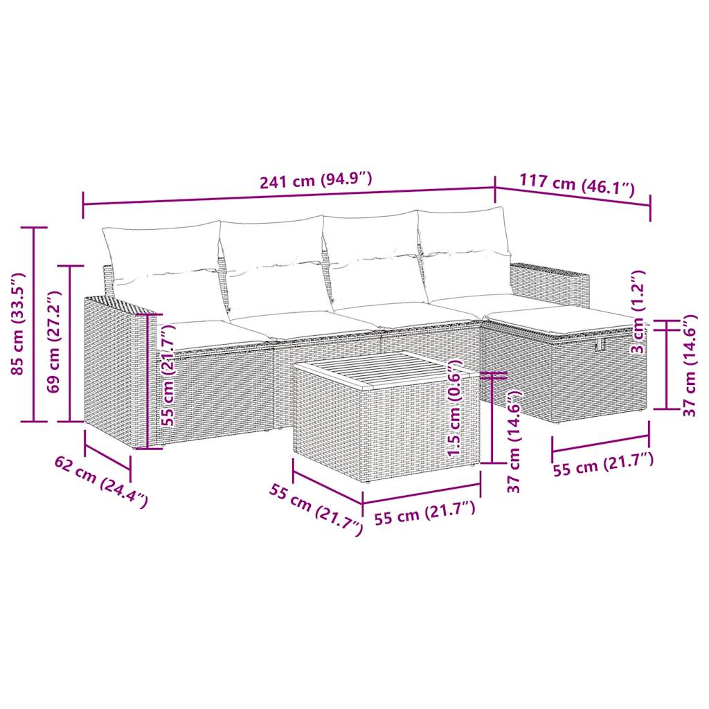 Set Divano da Giardino 6 pz con Cuscini Beige in Polyrattan