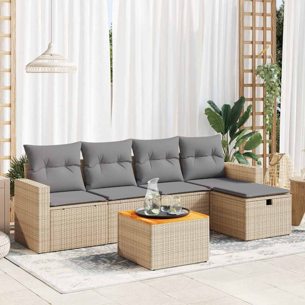 Set Divano da Giardino 6 pz con Cuscini Beige in Polyrattan