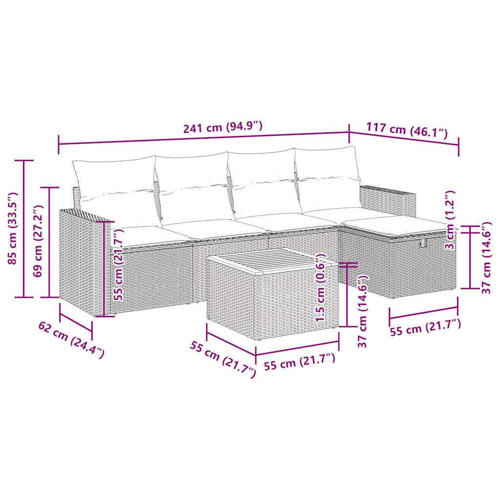 Set Divano da Giardino 6 pz con Cuscini Beige in Polyrattan