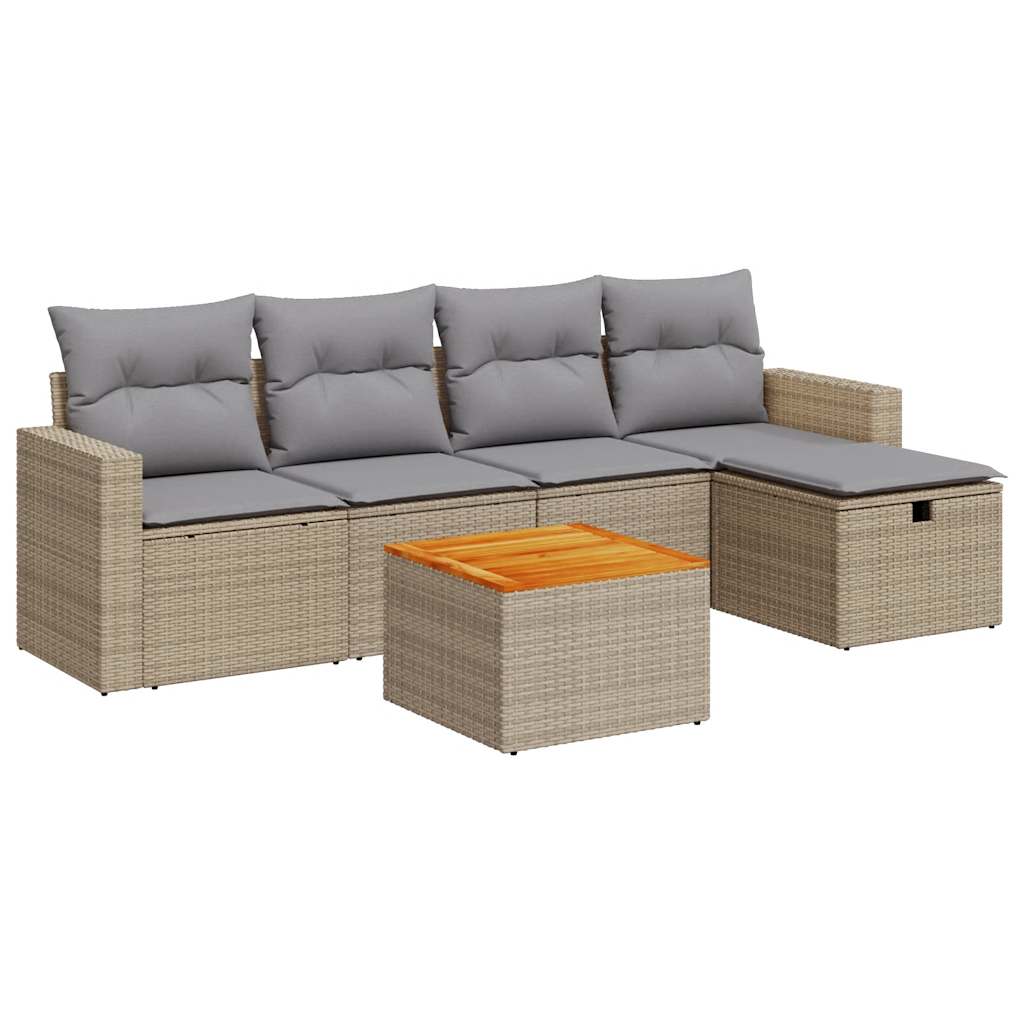 Set Divano da Giardino 6 pz con Cuscini Beige in Polyrattan