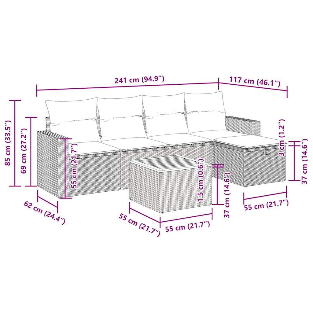 Set Divano da Giardino 6 pz con Cuscini Grigio in Polyrattan