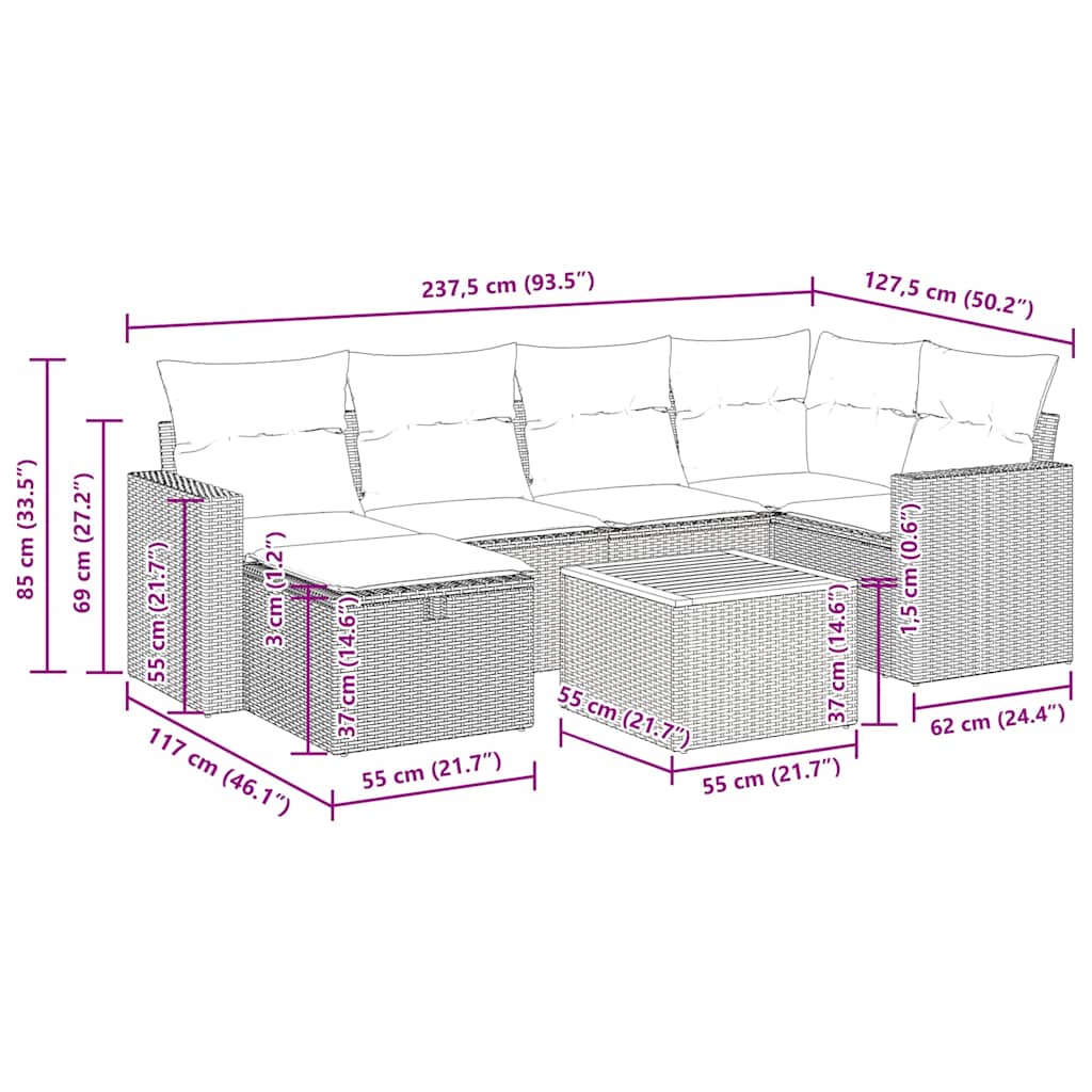 Set Divani da Giardino 7 pz con Cuscini Grigio in Polyrattan