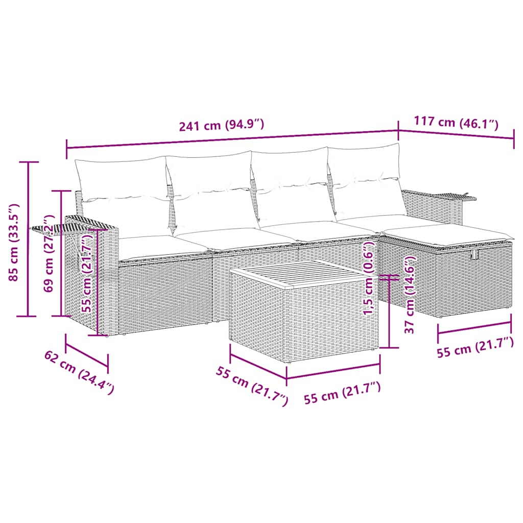 Set Divano da Giardino 6 pz con Cuscini Nero in Polyrattan