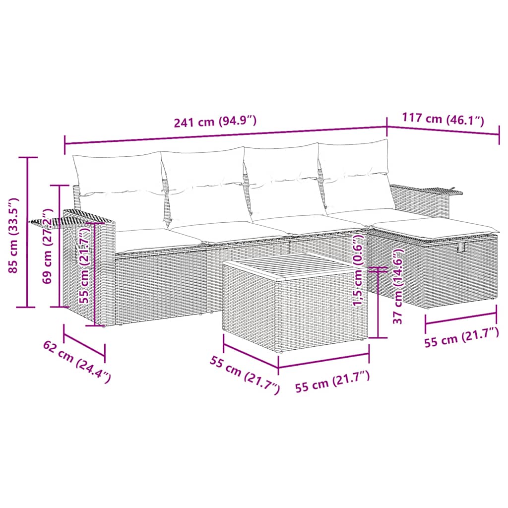 Set Divano da Giardino 6 pz con Cuscini Nero in Polyrattan