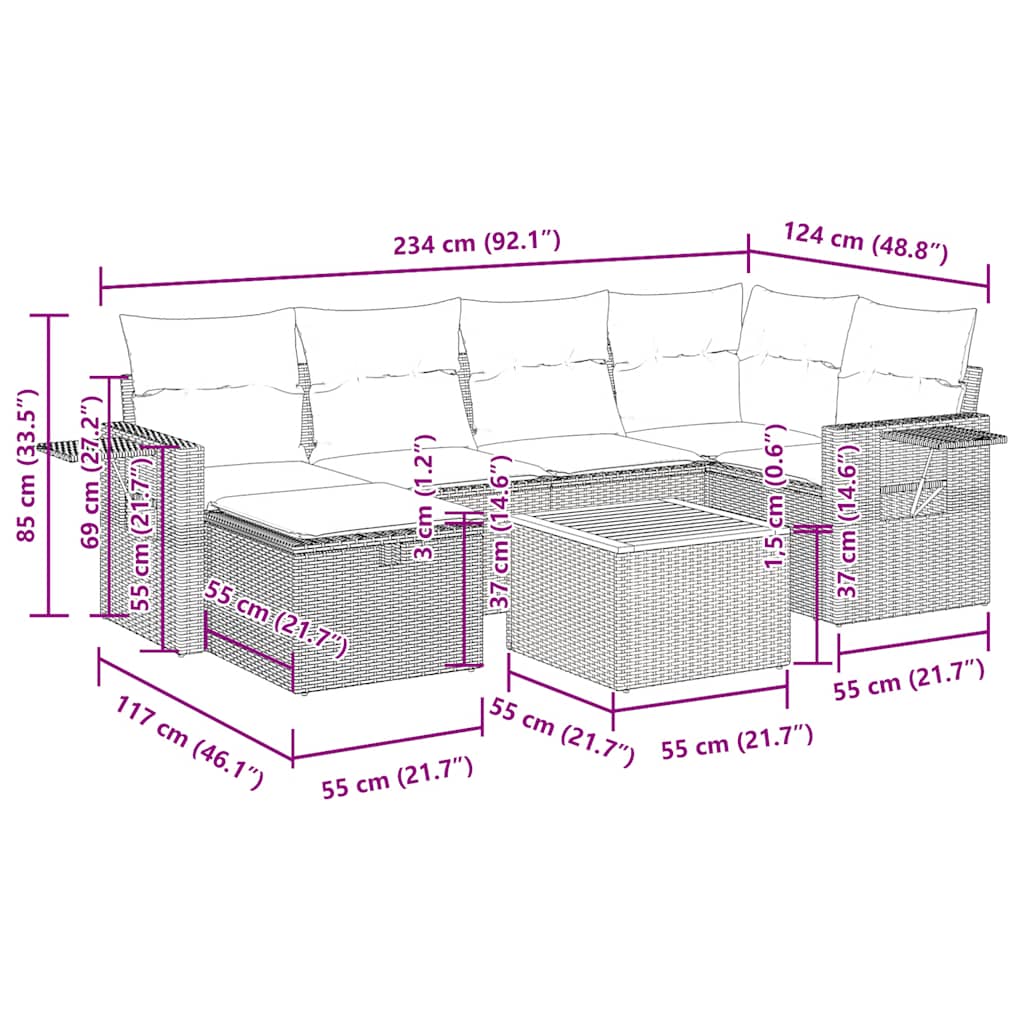 Set Divani da Giardino 7 pz con Cuscini Grigio in Polyrattan