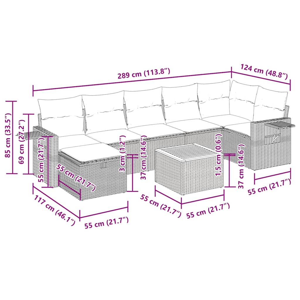 Set Divano da Giardino 8 pz con Cuscini Grigio in Polyrattan