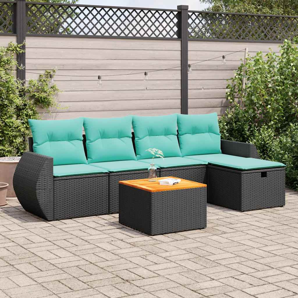 Set Divano da Giardino 6 pz con Cuscini Nero in Polyrattan