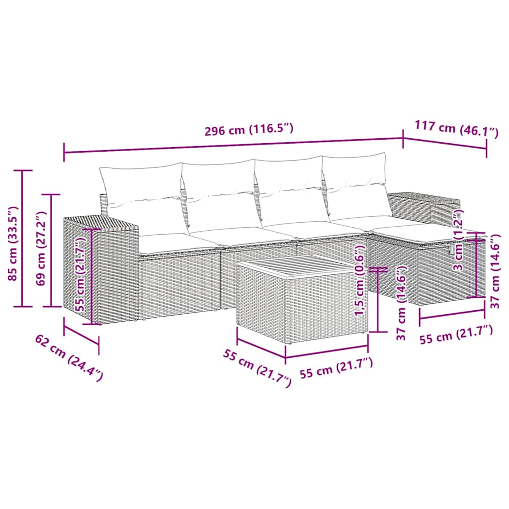 Set Divano da Giardino 6 pz con Cuscini Nero in Polyrattan