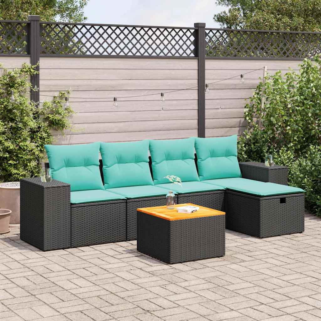 Set Divano da Giardino 6 pz con Cuscini Nero in Polyrattan