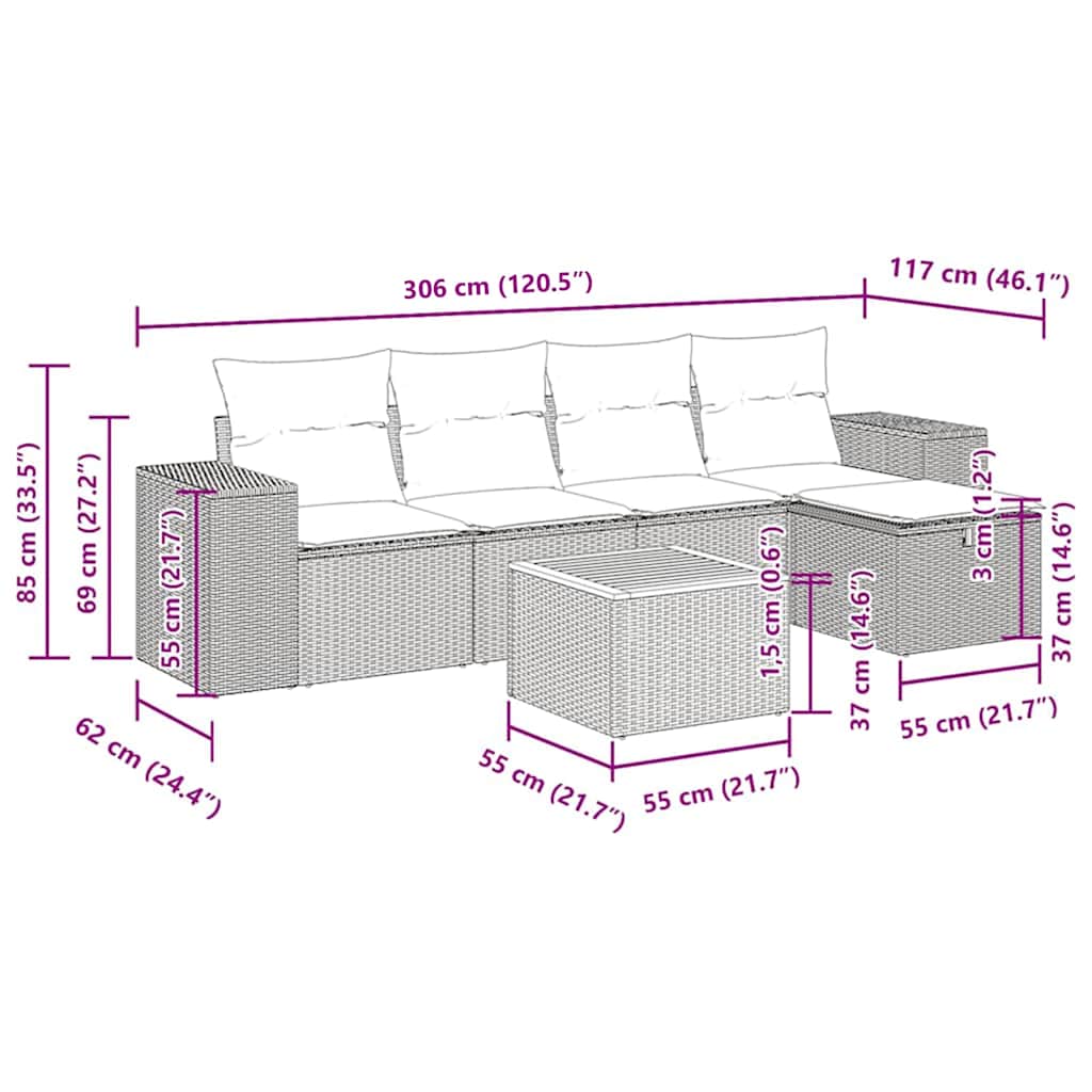 Set Divano da Giardino 6 pz con Cuscini Nero in Polyrattan