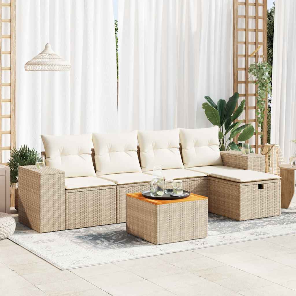 Set Divano da Giardino 6 pz con Cuscini Beige in Polyrattan