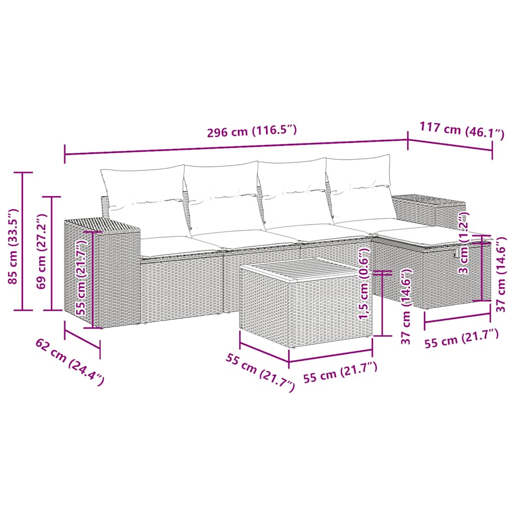 Set Divano da Giardino 6 pz con Cuscini Beige in Polyrattan