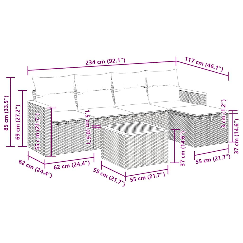 Set Divano da Giardino 6 pz con Cuscini Beige in Polyrattan