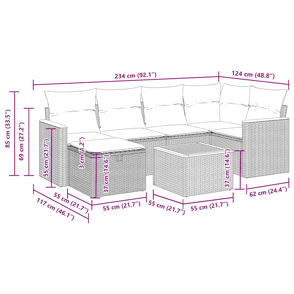 Set Divani da Giardino 7 pz con Cuscini Grigio in Polyrattan