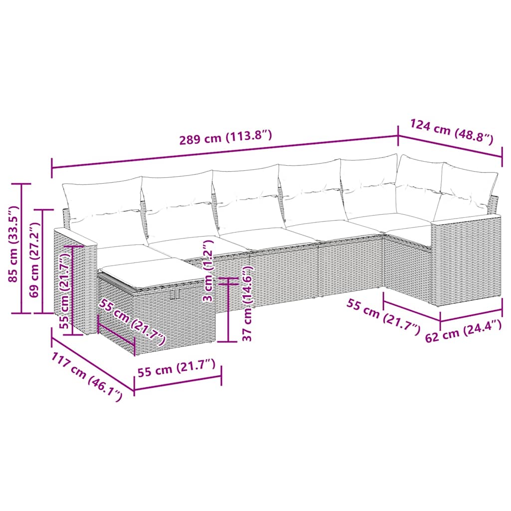 Set Divani da Giardino 7 pz con Cuscini Grigio in Polyrattan