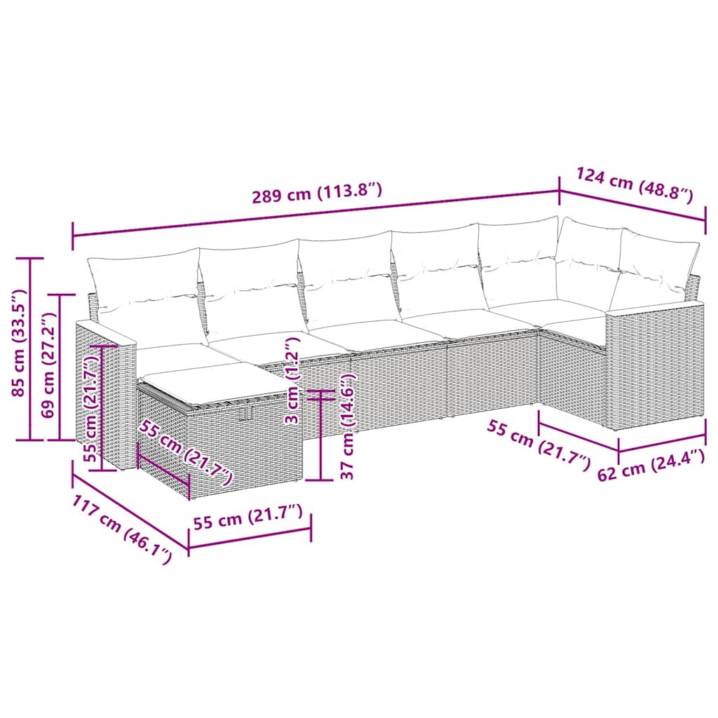 Set Divani da Giardino 7 pz con Cuscini Grigio in Polyrattan