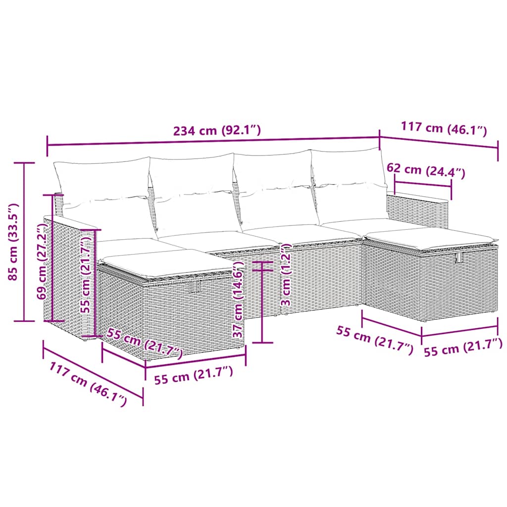 Set Divano da Giardino 6 pz con Cuscini Nero in Polyrattan