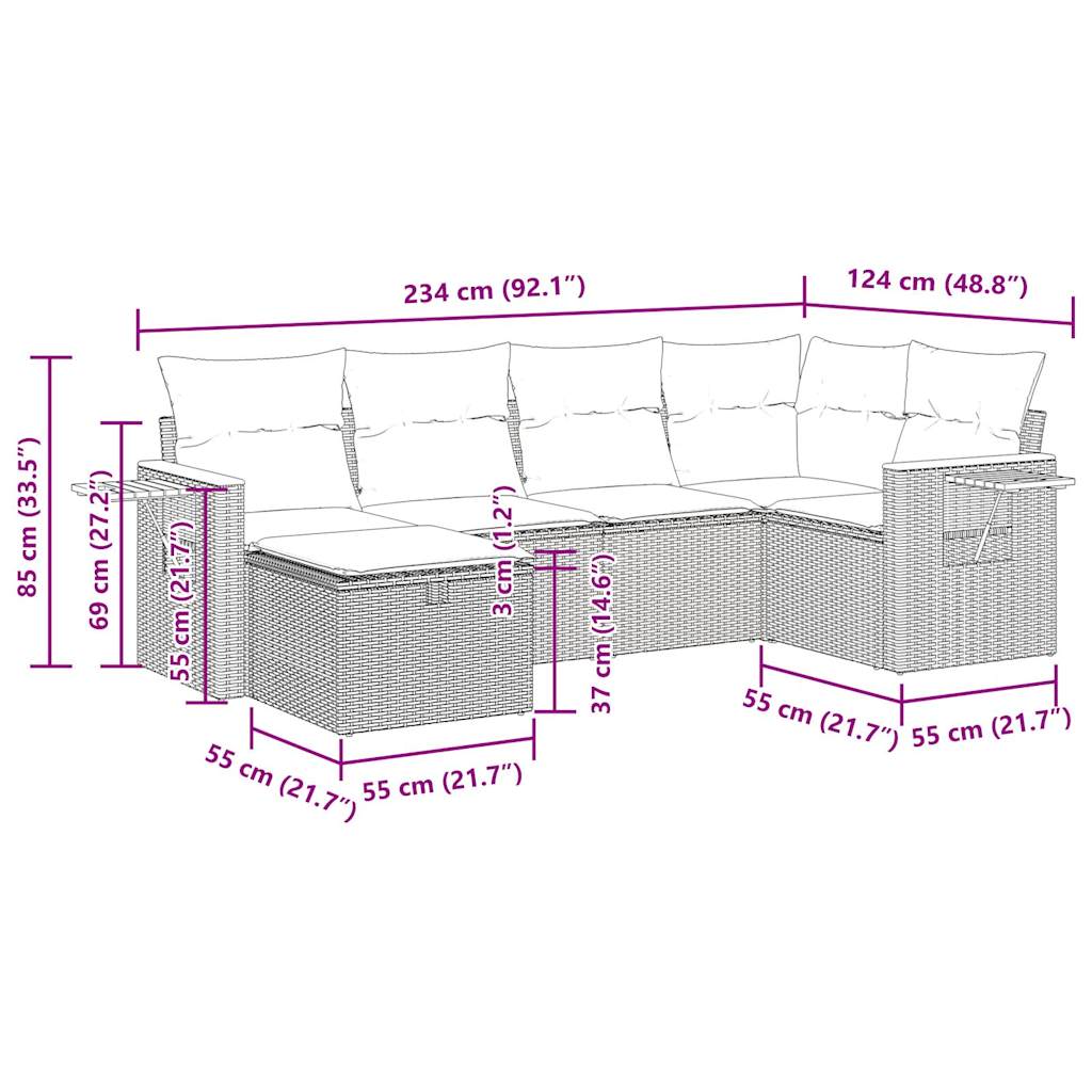 Set Divano da Giardino 6 pz con Cuscini Nero in Polyrattan