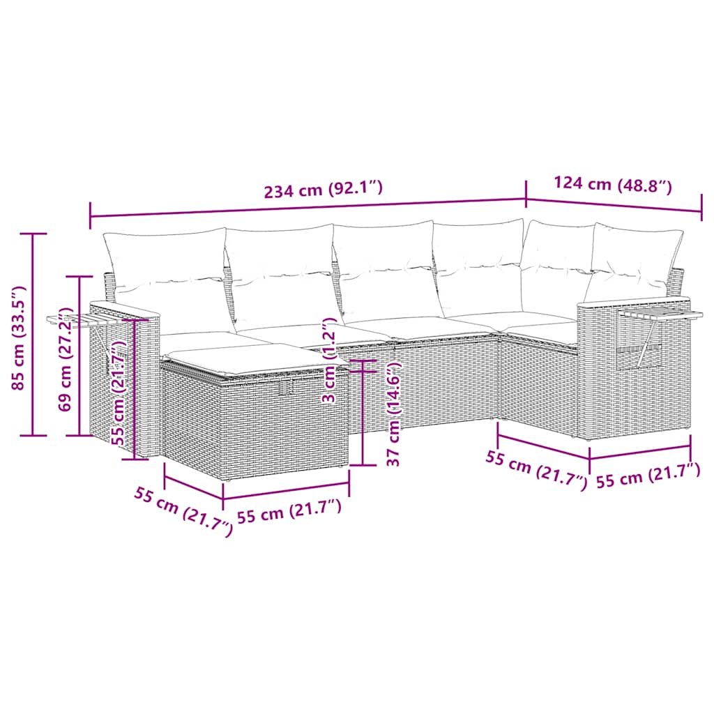 Set Divano da Giardino 6 pz con Cuscini Grigio in Polyrattan