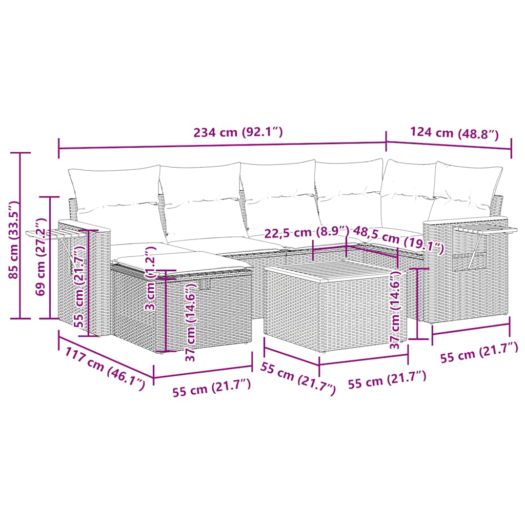 Set Divani da Giardino 7 pz con Cuscini Grigio in Polyrattan
