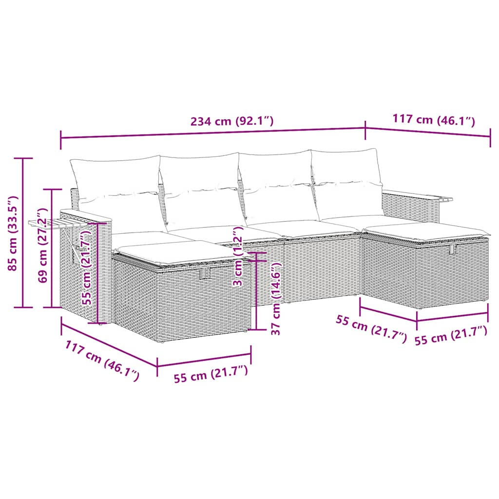 Set Divano da Giardino 6 pz con Cuscini Grigio in Polyrattan