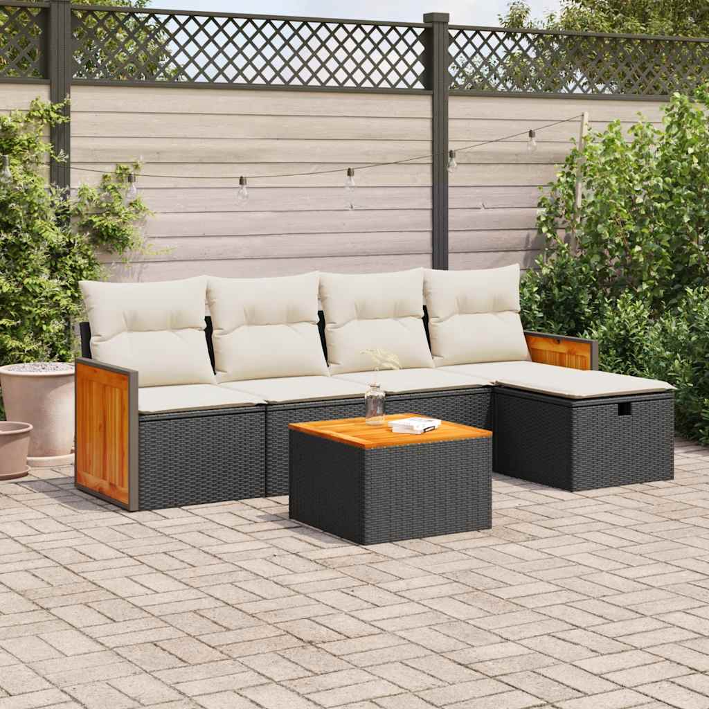 Set Divano da Giardino 6 pz con Cuscini Nero in Polyrattan