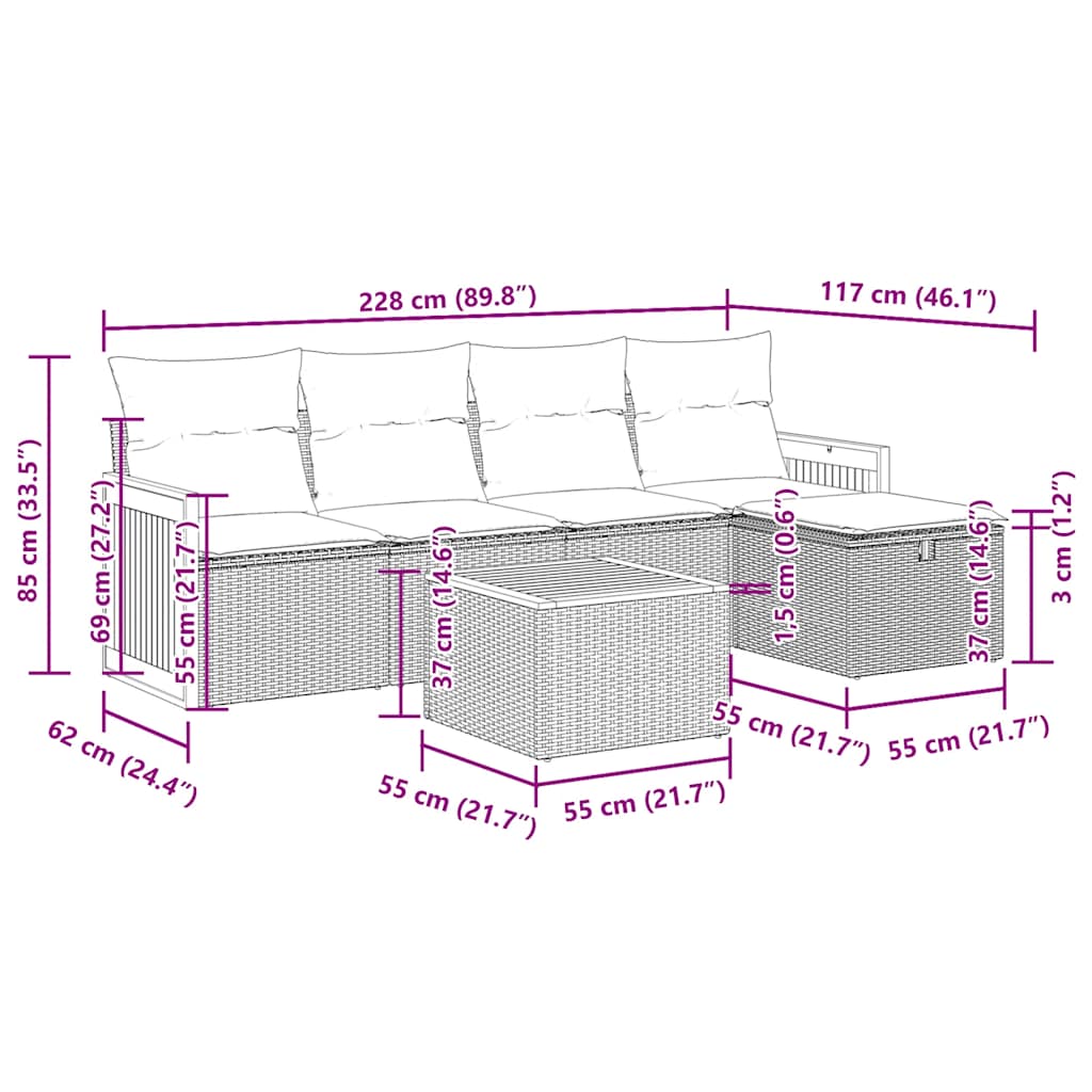 Set Divano da Giardino 6 pz con Cuscini Nero in Polyrattan