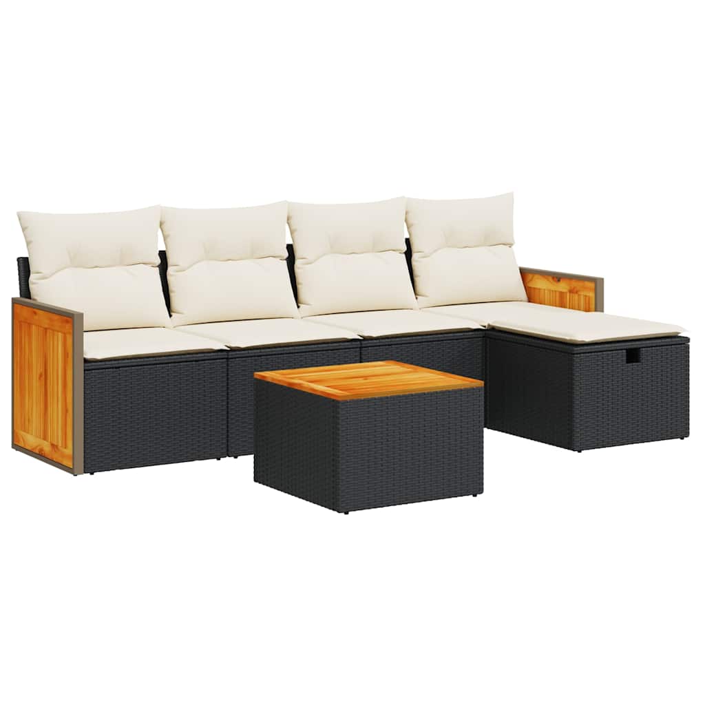 Set Divano da Giardino 6 pz con Cuscini Nero in Polyrattan