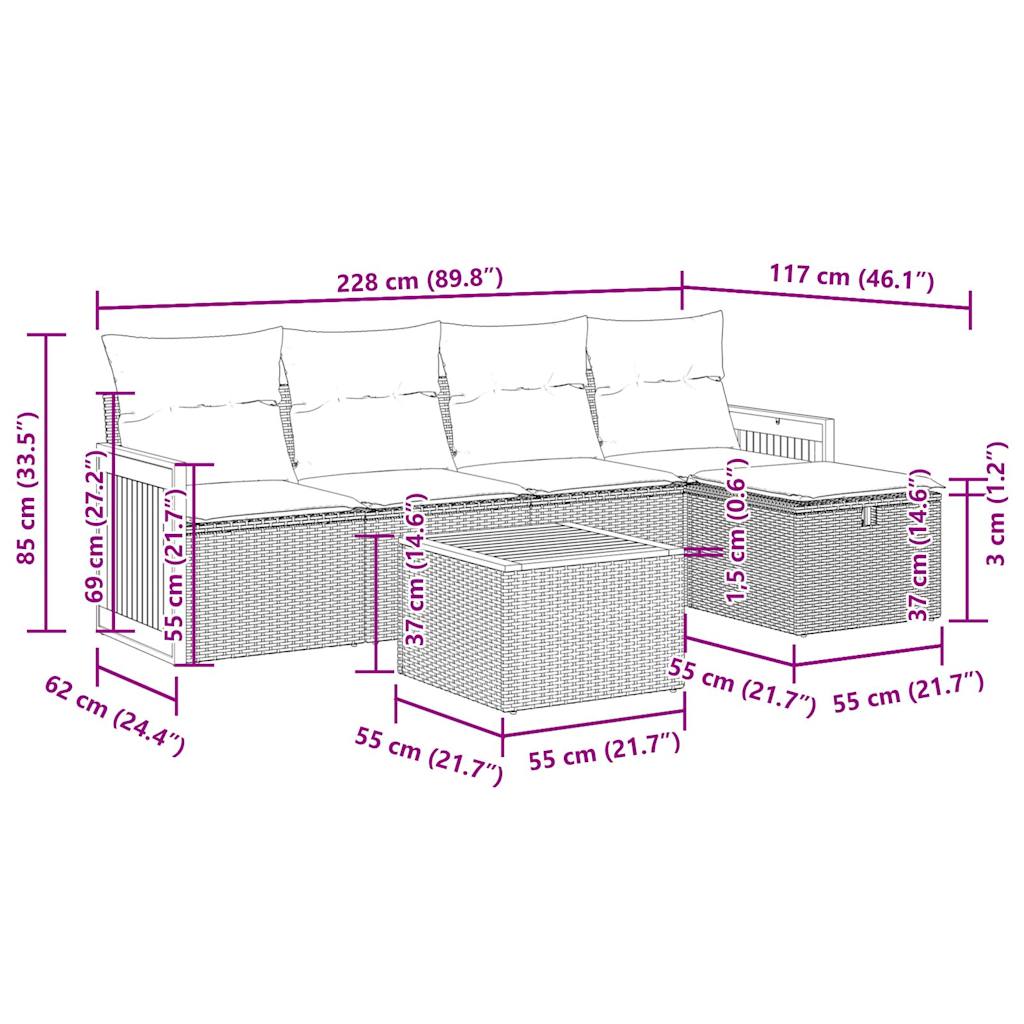 Set Divano da Giardino 6 pz con Cuscini Beige in Polyrattan