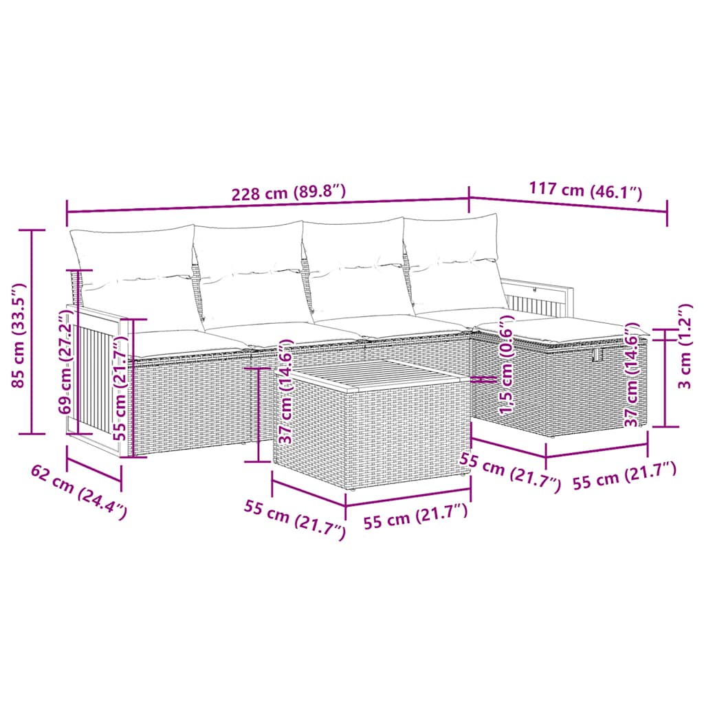 Set Divano da Giardino 6 pz con Cuscini Beige in Polyrattan