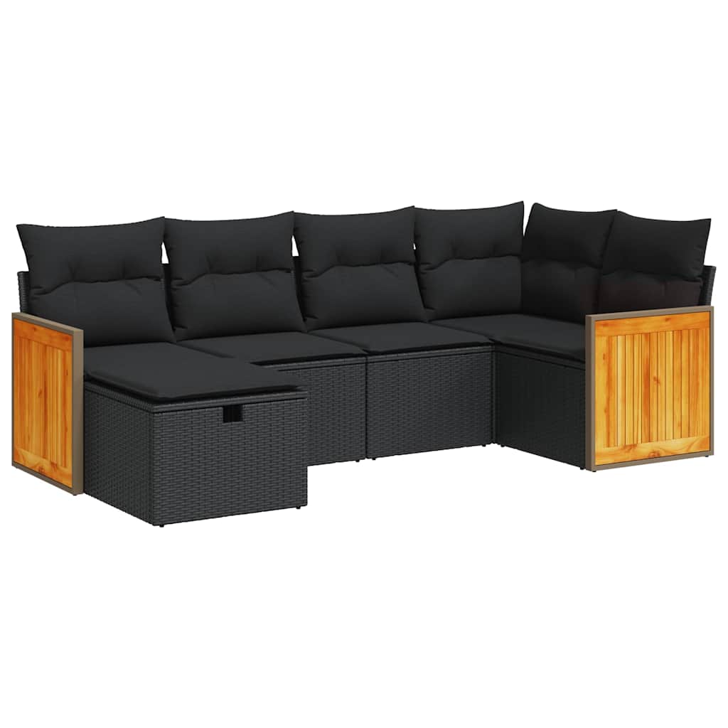 Set Divano da Giardino 6 pz con Cuscini Nero in Polyrattan