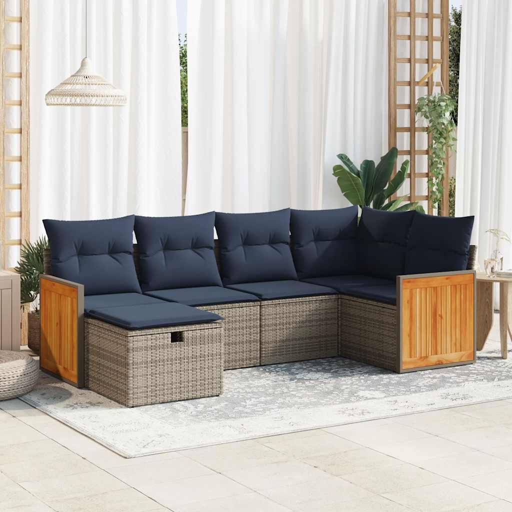 Set Divano da Giardino 6 pz con Cuscini Grigio in Polyrattan