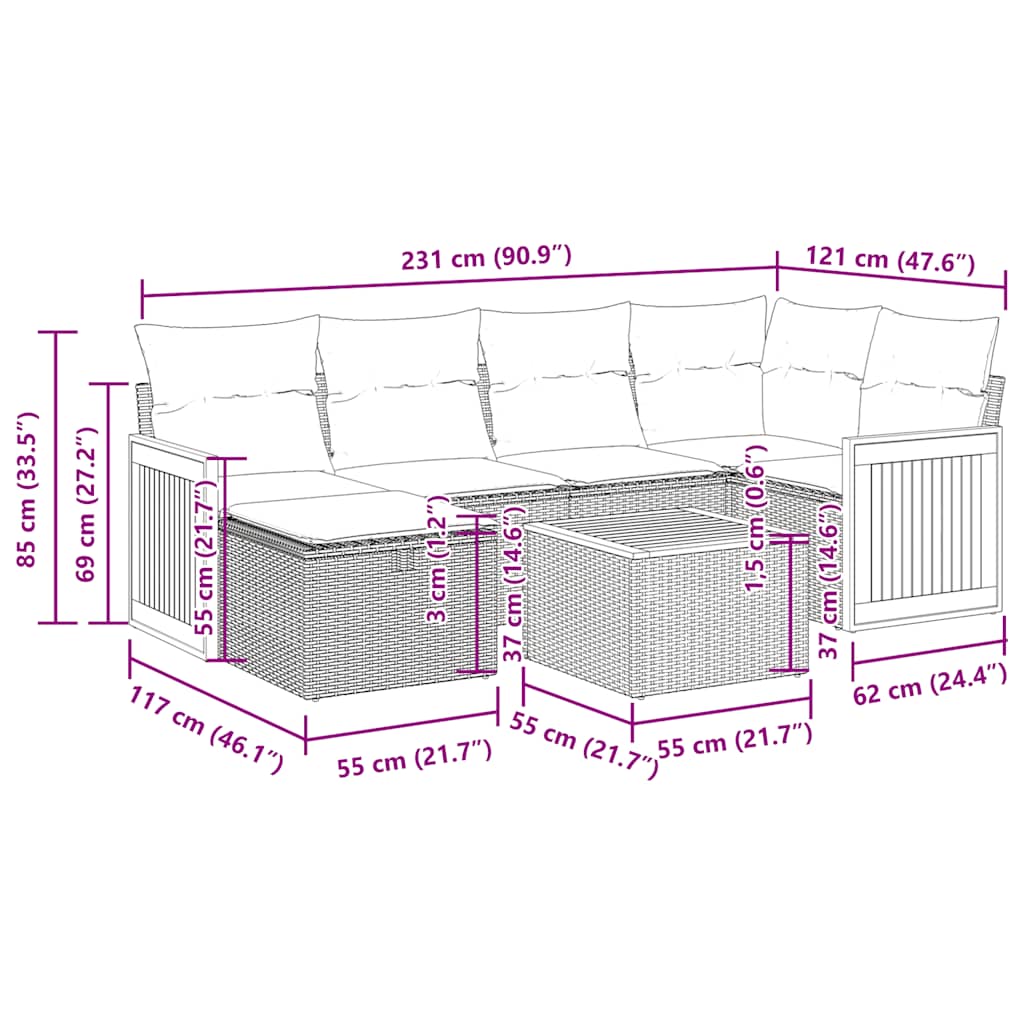 Set Divani da Giardino 7 pz con Cuscini Grigio in Polyrattan