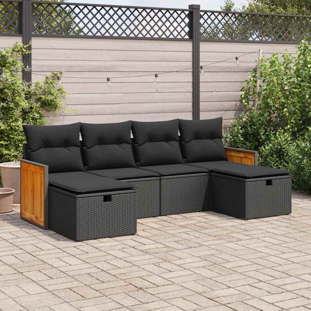 Set Divano da Giardino 6 pz con Cuscini Nero in Polyrattan