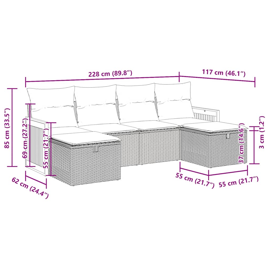 Set Divano da Giardino 6 pz con Cuscini Nero in Polyrattan