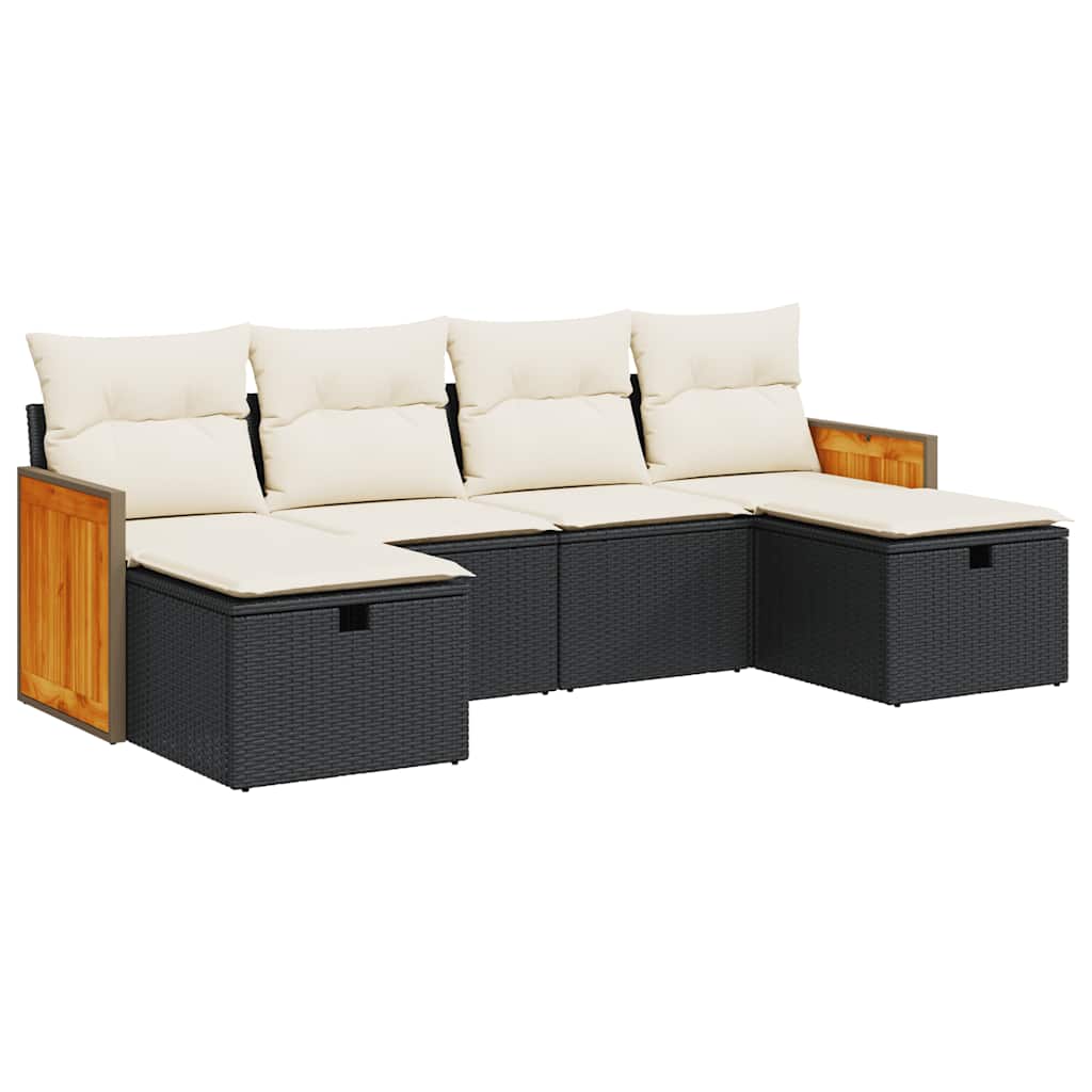 Set Divano da Giardino 6 pz con Cuscini Nero in Polyrattan