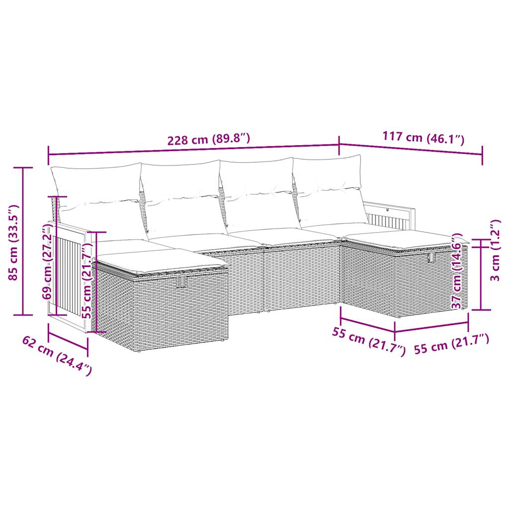 Set Divano da Giardino 6 pz con Cuscini Beige in Polyrattan
