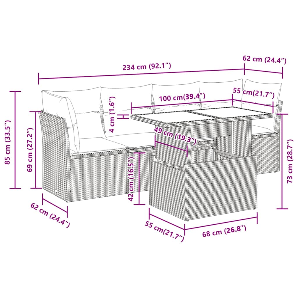Set Divano da Giardino 5 pz con Cuscini Beige in Polyrattan
