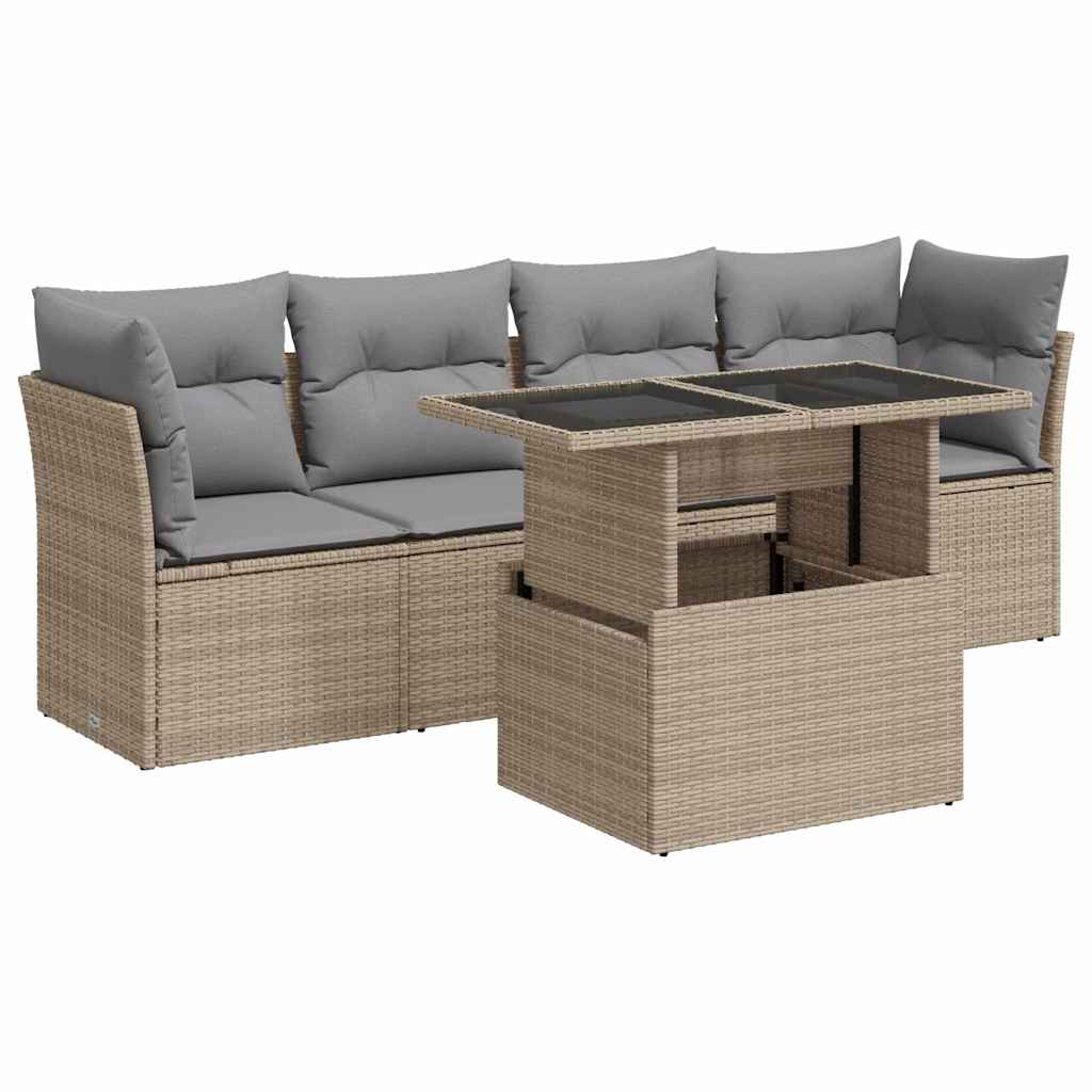Set Divano da Giardino 5 pz con Cuscini Beige in Polyrattan
