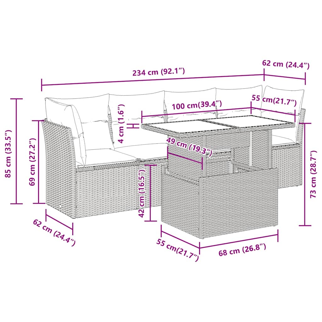 Set Divano da Giardino 5 pz con Cuscini Grigio in Polyrattan