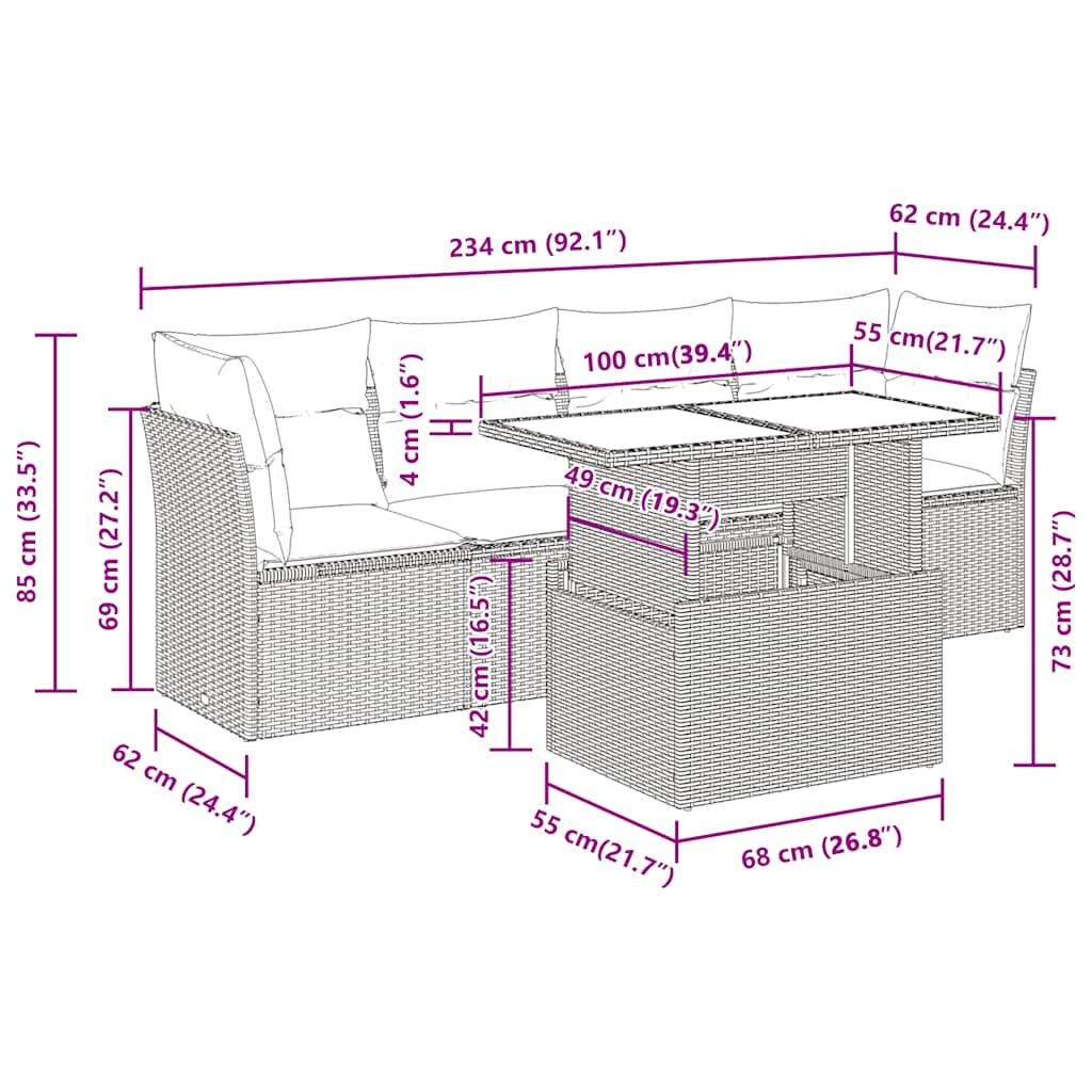 Set Divano da Giardino 5pz con Cuscini Grigio Chiaro Polyrattan