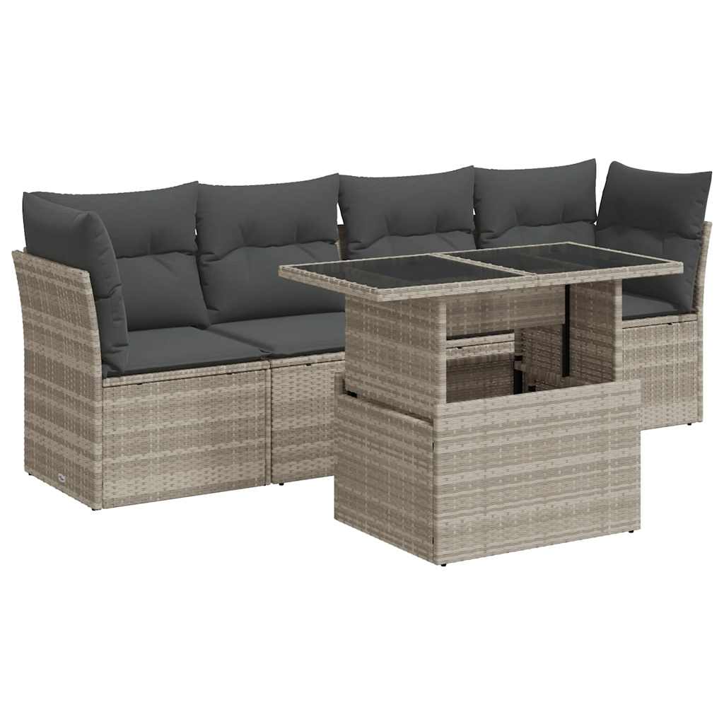 Set Divano da Giardino 5pz con Cuscini Grigio Chiaro Polyrattan