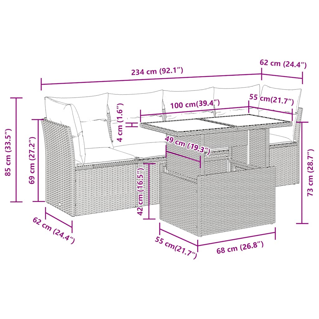 Set Divano da Giardino 5 pz con Cuscini Marrone in Polyrattan