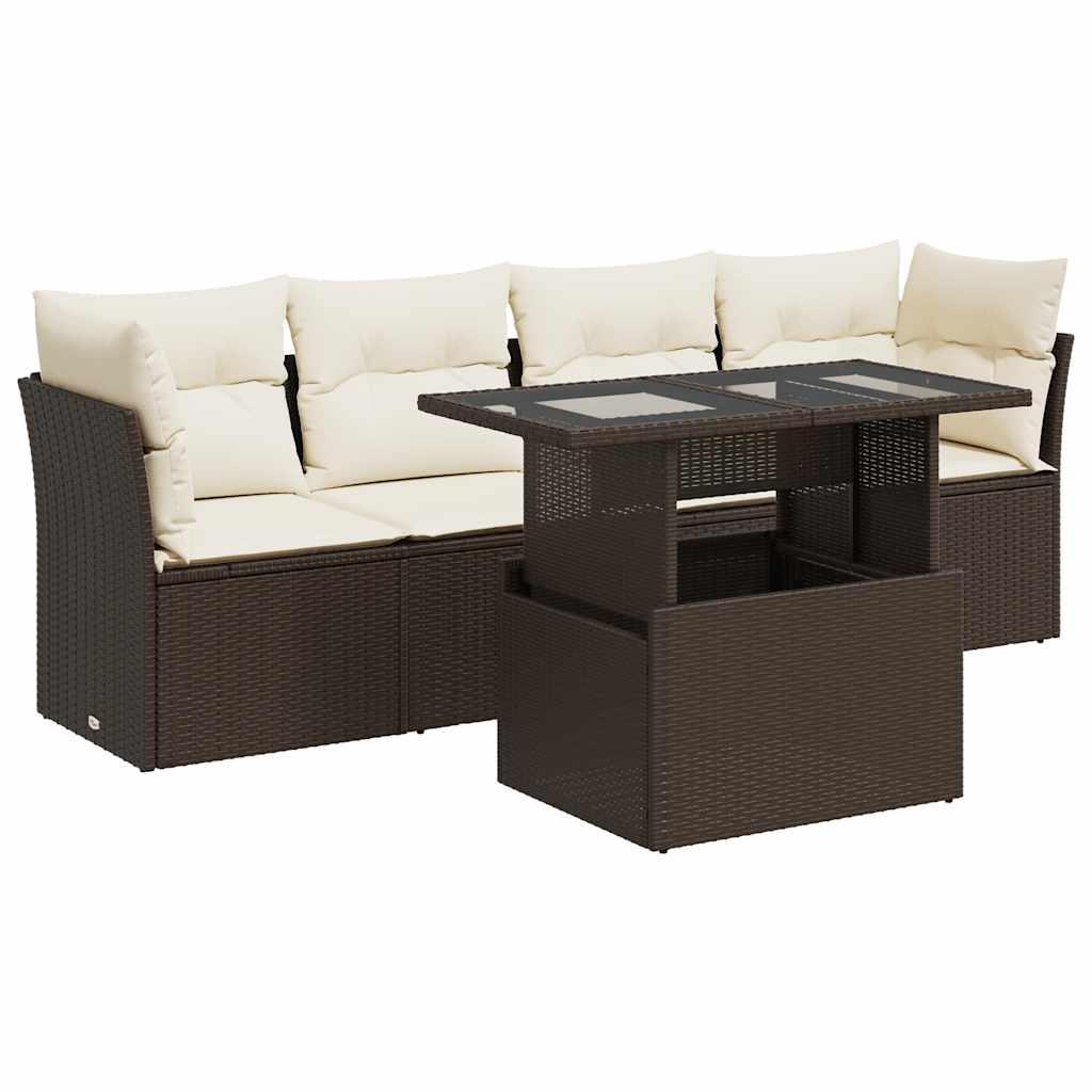 Set Divano da Giardino 5 pz con Cuscini Marrone in Polyrattan