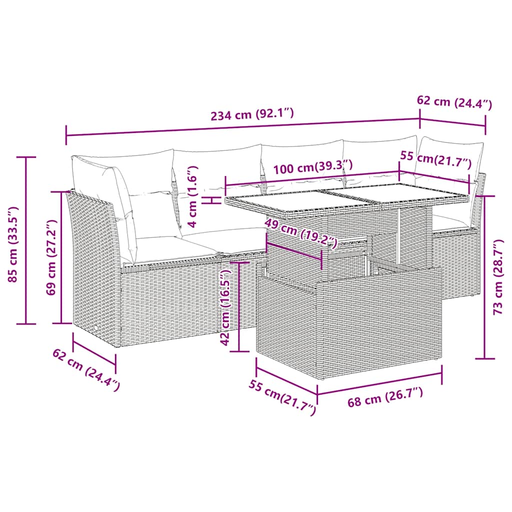 Set Divano da Giardino 5 pz Cuscini Marrone Polyrattan e Acacia